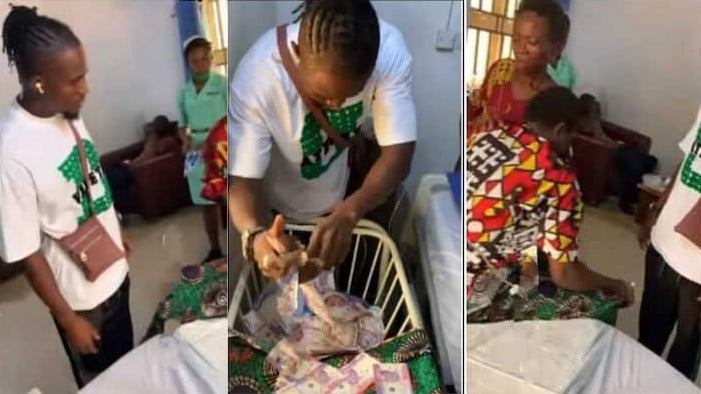 Young man sprays cash on his newly born baby